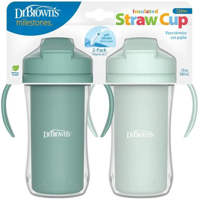 Main image of Milestones Insulated Sippy Cup with Straw and Handles, Spill-Proof Tumbler with Lid, 2-Pack, Green, 10 oz/300 mL, BPA Free, 12m+