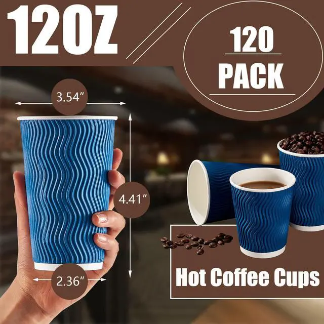Alt view image 2 of 7 - Coffee Cups 12 oz - 120 Pack, 12 oz Disposable Paper Coffee Cups Insulated, Corrugated Kraft Ripple Wall Cup for Hot Beverage or Cold Drinks (Navy)