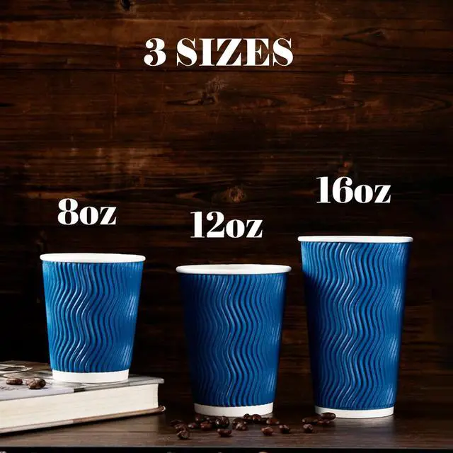 Alt view image 5 of 7 - Coffee Cups 12 oz - 120 Pack, 12 oz Disposable Paper Coffee Cups Insulated, Corrugated Kraft Ripple Wall Cup for Hot Beverage or Cold Drinks (Navy)