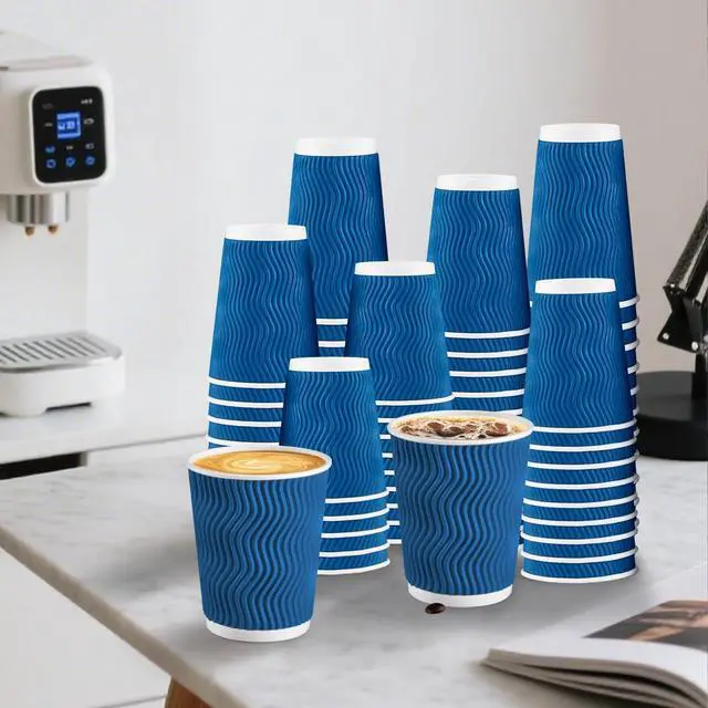 Alt view image 6 of 7 - Coffee Cups 12 oz - 120 Pack, 12 oz Disposable Paper Coffee Cups Insulated, Corrugated Kraft Ripple Wall Cup for Hot Beverage or Cold Drinks (Navy)