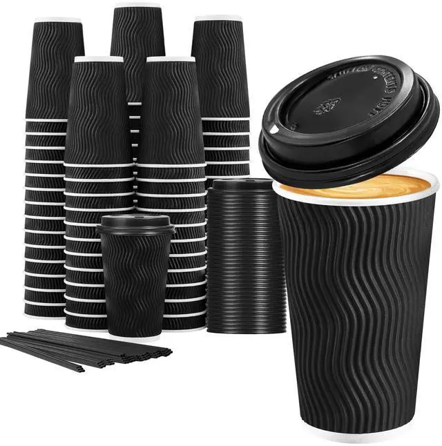 Main image of 16 oz Disposable Coffee Cups with Lids, 50 Pack Insulated Hot Cups To Go Paper Coffee Cups with Lids and Straws, Corrugated Ripple Wall Cup for Hot Drink, Office, Coffee Bar (Black)