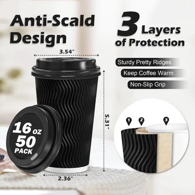 Alt view image 2 of 6 - 16 oz Disposable Coffee Cups with Lids, 50 Pack Insulated Hot Cups To Go Paper Coffee Cups with Lids and Straws, Corrugated Ripple Wall Cup for Hot Drink, Office, Coffee Bar (Black)