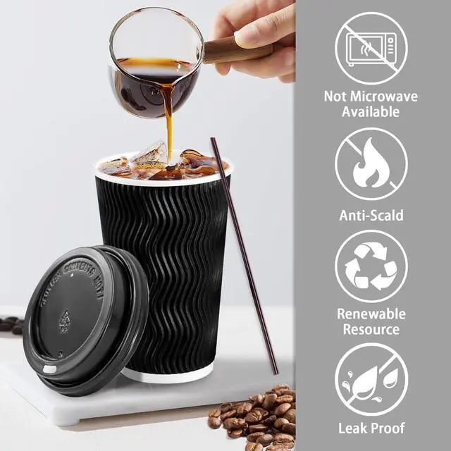 Alt view image 3 of 6 - 16 oz Disposable Coffee Cups with Lids, 50 Pack Insulated Hot Cups To Go Paper Coffee Cups with Lids and Straws, Corrugated Ripple Wall Cup for Hot Drink, Office, Coffee Bar (Black)