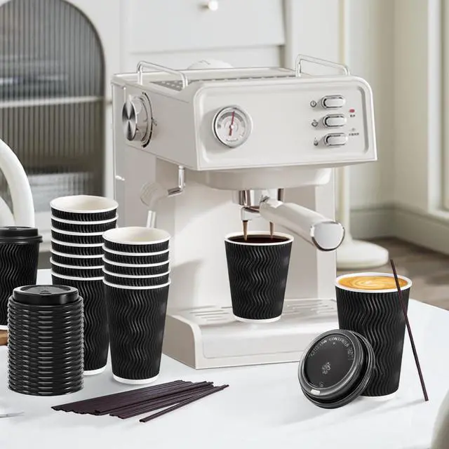 Alt view image 6 of 6 - 16 oz Disposable Coffee Cups with Lids, 50 Pack Insulated Hot Cups To Go Paper Coffee Cups with Lids and Straws, Corrugated Ripple Wall Cup for Hot Drink, Office, Coffee Bar (Black)