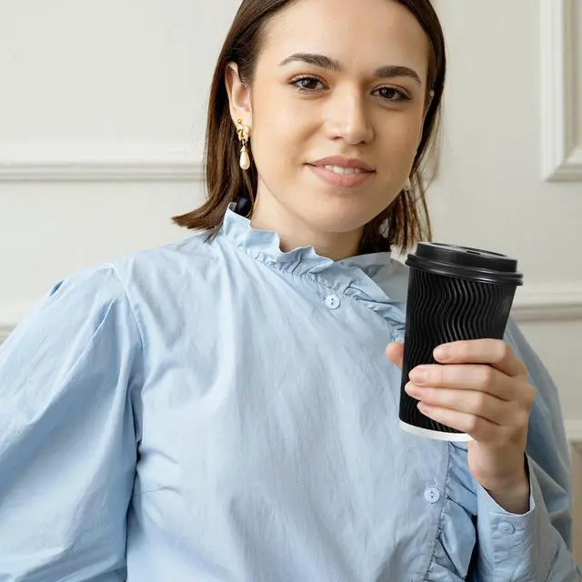 Alt view image 4 of 6 - 16 oz Disposable Coffee Cups with Lids, 50 Pack Insulated Hot Cups To Go Paper Coffee Cups with Lids and Straws, Corrugated Ripple Wall Cup for Hot Drink, Office, Coffee Bar (Black)