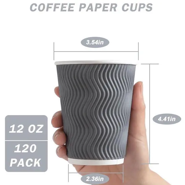 Alt view image 2 of 7 - Coffee 120 Pack Cups 12 oz, Corrugated Insulated Ripple Wall Disposable Paper Cups for Hot Beverage or Cold Drinks Office/Home/Cafe/Party/Travel (Gray)