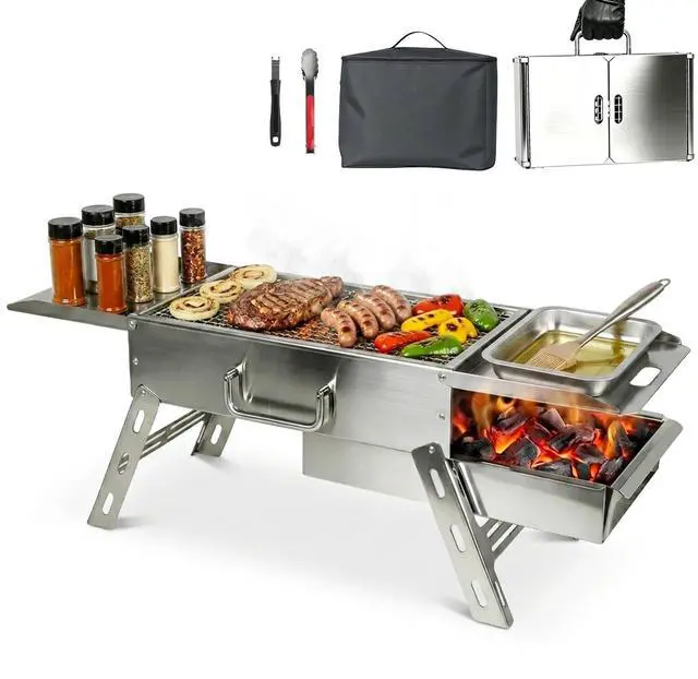 Main image of Portable Tabletop Charcoal Grill, Foldable Stainless Steel Mini BBQ Grill with Carry Bag, Lightweight Small Camping Picnic Travel Tailgating Patio Grill