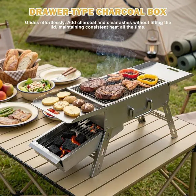 Alt view image 3 of 7 - Portable Tabletop Charcoal Grill, Foldable Stainless Steel Mini BBQ Grill with Carry Bag, Lightweight Small Camping Picnic Travel Tailgating Patio Grill