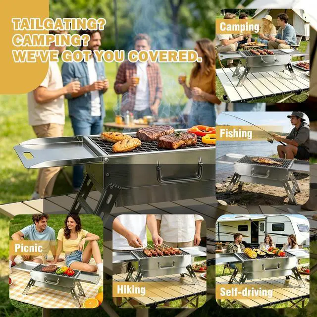Alt view image 4 of 7 - Portable Tabletop Charcoal Grill, Foldable Stainless Steel Mini BBQ Grill with Carry Bag, Lightweight Small Camping Picnic Travel Tailgating Patio Grill