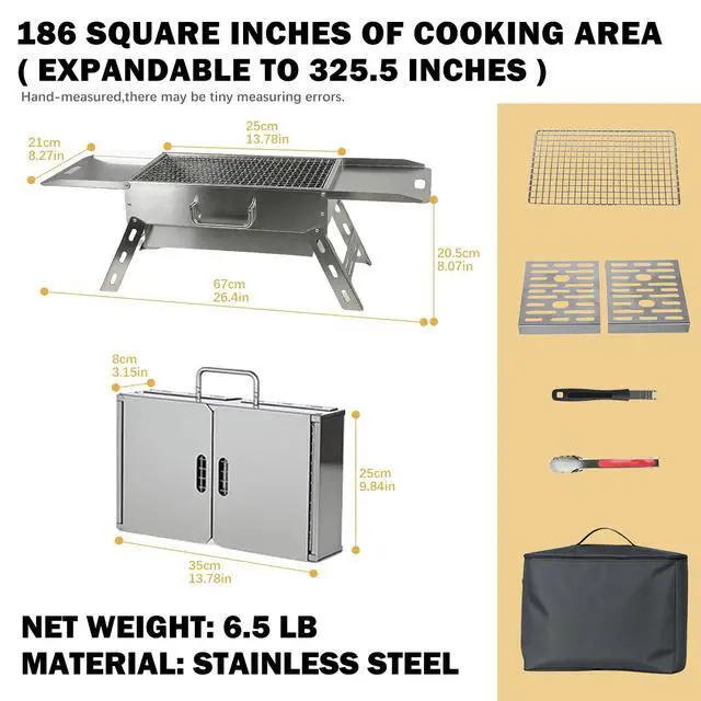 Alt view image 5 of 7 - Portable Tabletop Charcoal Grill, Foldable Stainless Steel Mini BBQ Grill with Carry Bag, Lightweight Small Camping Picnic Travel Tailgating Patio Grill