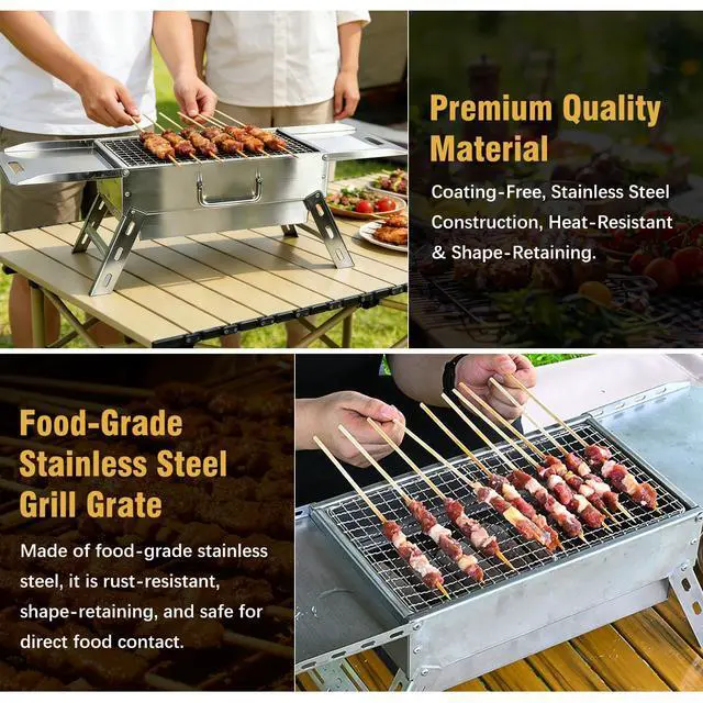 Alt view image 7 of 7 - Portable Tabletop Charcoal Grill, Foldable Stainless Steel Mini BBQ Grill with Carry Bag, Lightweight Small Camping Picnic Travel Tailgating Patio Grill