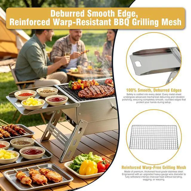 Alt view image 2 of 7 - Portable Tabletop Charcoal Grill, Foldable Stainless Steel Mini BBQ Grill with Carry Bag, Lightweight Small Camping Picnic Travel Tailgating Patio Grill