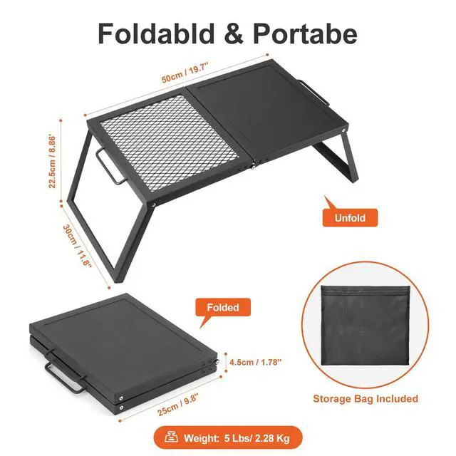 Alt view image 2 of 7 - Folding Campfire Grill, Heavy Duty Steel Mesh Grate with Folding Legs and Storage Bag, Portable Camping Grates, Over Fire Pit Grill Rack for Outdoor Cooking and Bonfire