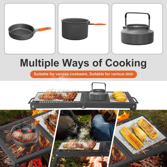 Alt view image 6 of 7 - Folding Campfire Grill, Heavy Duty Steel Mesh Grate with Folding Legs and Storage Bag, Portable Camping Grates, Over Fire Pit Grill Rack for Outdoor Cooking and Bonfire
