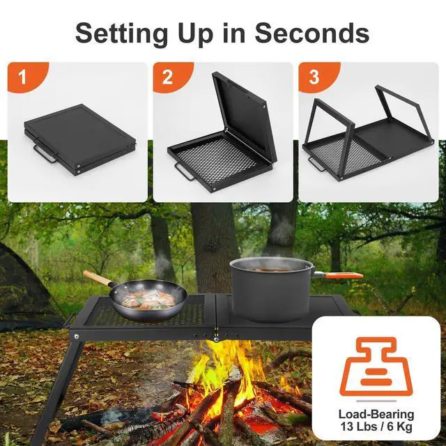 Alt view image 4 of 7 - Folding Campfire Grill, Heavy Duty Steel Mesh Grate with Folding Legs and Storage Bag, Portable Camping Grates, Over Fire Pit Grill Rack for Outdoor Cooking and Bonfire