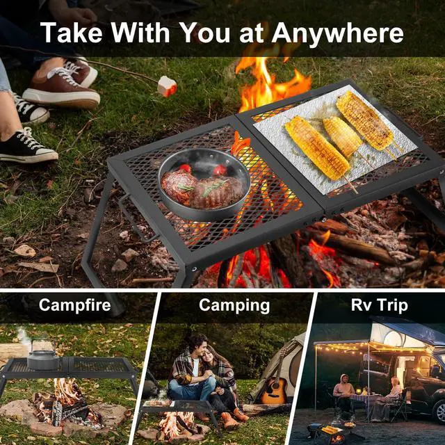 Alt view image 7 of 7 - Folding Campfire Grill, Heavy Duty Steel Mesh Grate with Folding Legs and Storage Bag, Portable Camping Grates, Over Fire Pit Grill Rack for Outdoor Cooking and Bonfire