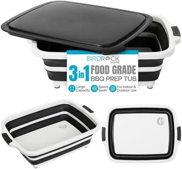 Main image of Collapsible Large BBQ Prep Tub w/Cutting Board, Multi-Function Grill Caddy w/Colander & Lid, Portable Silicone Dish Bowl for Picnic, Tailgate, Camping - Black