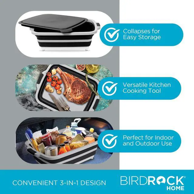 Alt view image 5 of 7 - Collapsible Large BBQ Prep Tub w/Cutting Board, Multi-Function Grill Caddy w/Colander & Lid, Portable Silicone Dish Bowl for Picnic, Tailgate, Camping - Black