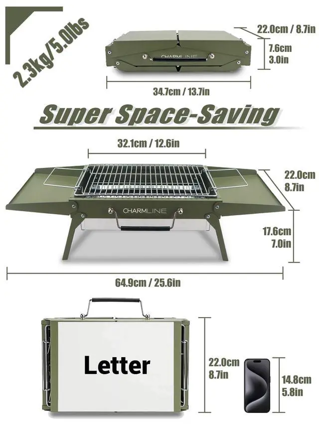Alt view image 2 of 7 - 14 x 9 inches Small Portable Charcoal BBQ Grill, Foldable Compact Camping Barbecue for 13 People, Ideal for Garden, Beach, Picnic & Tabletop Use, Green