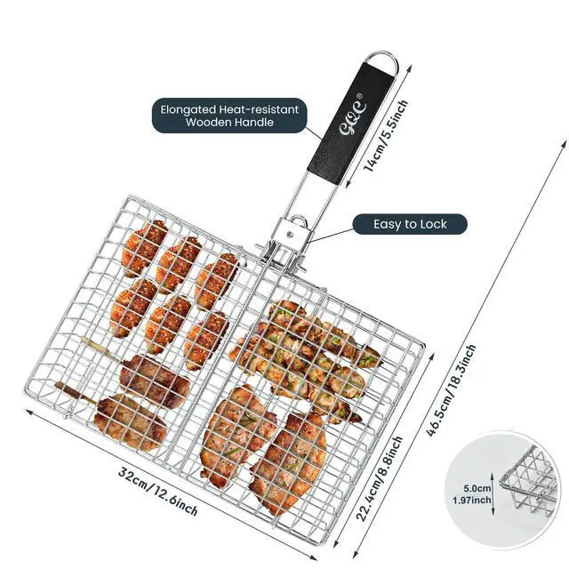Alt view image 3 of 6 - Portable BBQ Grill Basket, Fish Grill Baskets ,Folding Portable Fish Grilling Rack For Grill, 12.6x8.82x 1.97Inch, Heat-Resistant Handle, Stainless Steel Grill Basket For Veggies, Shrimp, Meat Cook