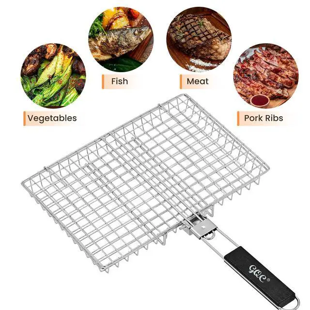 Alt view image 5 of 6 - Portable BBQ Grill Basket, Fish Grill Baskets ,Folding Portable Fish Grilling Rack For Grill, 12.6x8.82x 1.97Inch, Heat-Resistant Handle, Stainless Steel Grill Basket For Veggies, Shrimp, Meat Cook