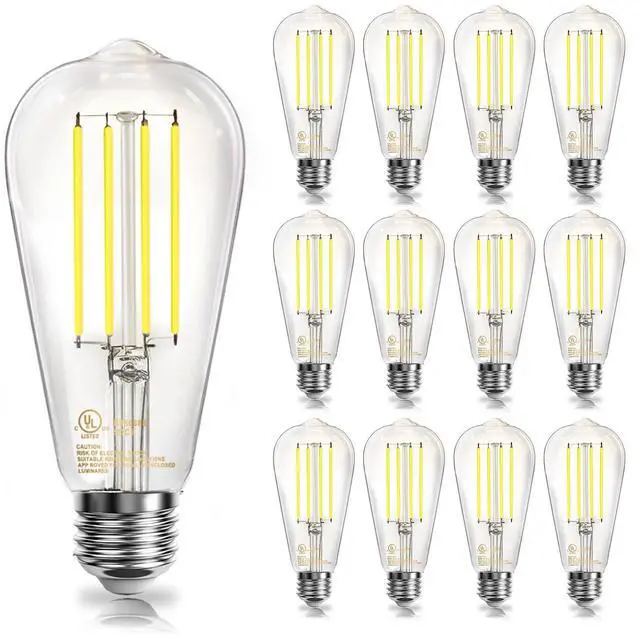 Main image of 12 Pack Vintage LED Edison Bulbs, E26 Dimmable LED Bulb, 60 watt Equivalent, ST58 Antique Filament Light Bulbs with Natural White 4000K, Brightness 8W, 800LM, 80+ CRI, Clear Glass