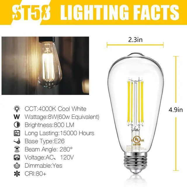 Alt view image 2 of 6 - 12 Pack Vintage LED Edison Bulbs, E26 Dimmable LED Bulb, 60 watt Equivalent, ST58 Antique Filament Light Bulbs with Natural White 4000K, Brightness 8W, 800LM, 80+ CRI, Clear Glass