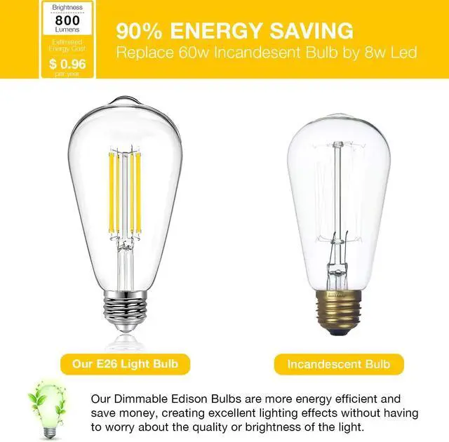 Alt view image 3 of 6 - 12 Pack Vintage LED Edison Bulbs, E26 Dimmable LED Bulb, 60 watt Equivalent, ST58 Antique Filament Light Bulbs with Natural White 4000K, Brightness 8W, 800LM, 80+ CRI, Clear Glass