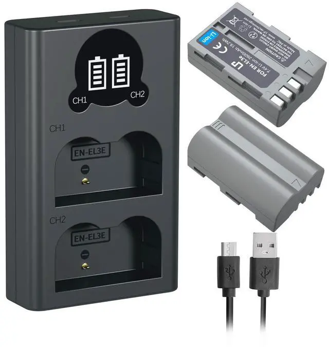 Main image of EN-EL3e Battery 2-Pack and Charger for Nikon EN EL3e, EL3, EL3a, MH-18, MH-18a, MH-19, Compatible with Nikon D700, D300s, D300, D200, D100, D90, D80, D70s, D70, D50 Camera & More