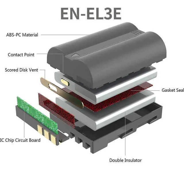 Alt view image 2 of 7 - EN-EL3e Battery 2-Pack and Charger for Nikon EN EL3e, EL3, EL3a, MH-18, MH-18a, MH-19, Compatible with Nikon D700, D300s, D300, D200, D100, D90, D80, D70s, D70, D50 Camera & More