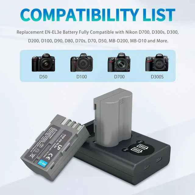 Alt view image 3 of 7 - EN-EL3e Battery 2-Pack and Charger for Nikon EN EL3e, EL3, EL3a, MH-18, MH-18a, MH-19, Compatible with Nikon D700, D300s, D300, D200, D100, D90, D80, D70s, D70, D50 Camera & More
