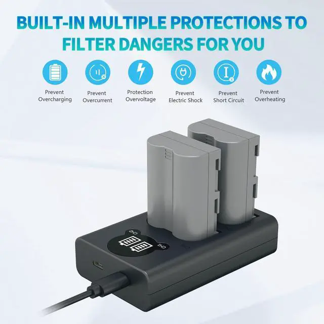 Alt view image 4 of 7 - EN-EL3e Battery 2-Pack and Charger for Nikon EN EL3e, EL3, EL3a, MH-18, MH-18a, MH-19, Compatible with Nikon D700, D300s, D300, D200, D100, D90, D80, D70s, D70, D50 Camera & More