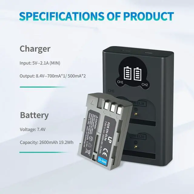 Alt view image 6 of 7 - EN-EL3e Battery 2-Pack and Charger for Nikon EN EL3e, EL3, EL3a, MH-18, MH-18a, MH-19, Compatible with Nikon D700, D300s, D300, D200, D100, D90, D80, D70s, D70, D50 Camera & More