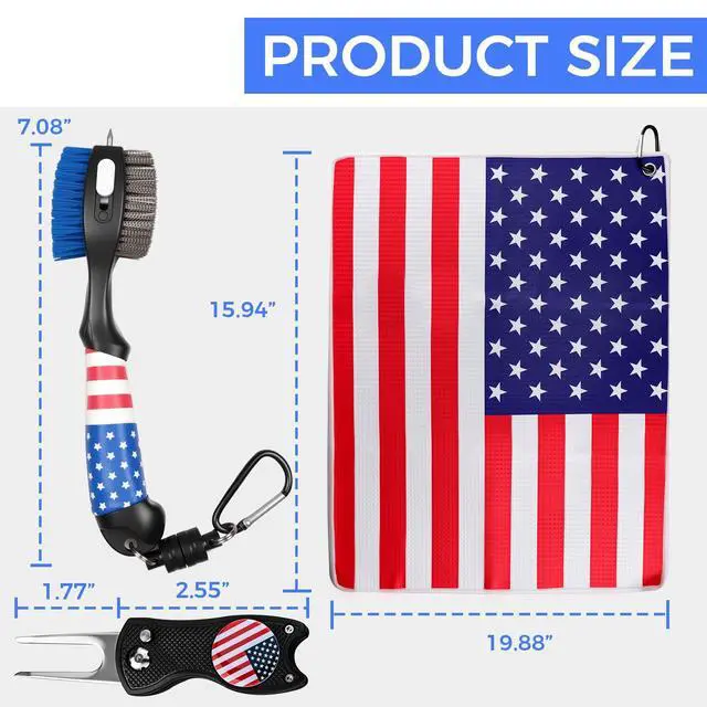 Alt view image 2 of 7 - Club Brush and Amercian Flag Golf Towels, Golf Groove Cleaner Cleaning kit, Golf Accessories Cleaner Tool with Strong Magnet Stick to Golf Clubs or Bag (3-in-1 Accessories)