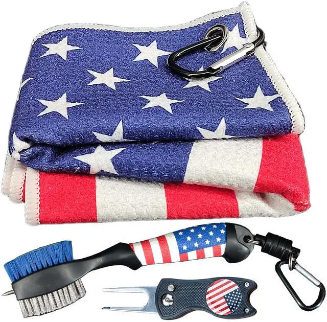 Main image of Club Brush and Amercian Flag Golf Towels, Golf Groove Cleaner Cleaning kit, Golf Accessories Cleaner Tool with Strong Magnet Stick to Golf Clubs or Bag (3-in-1 Accessories)