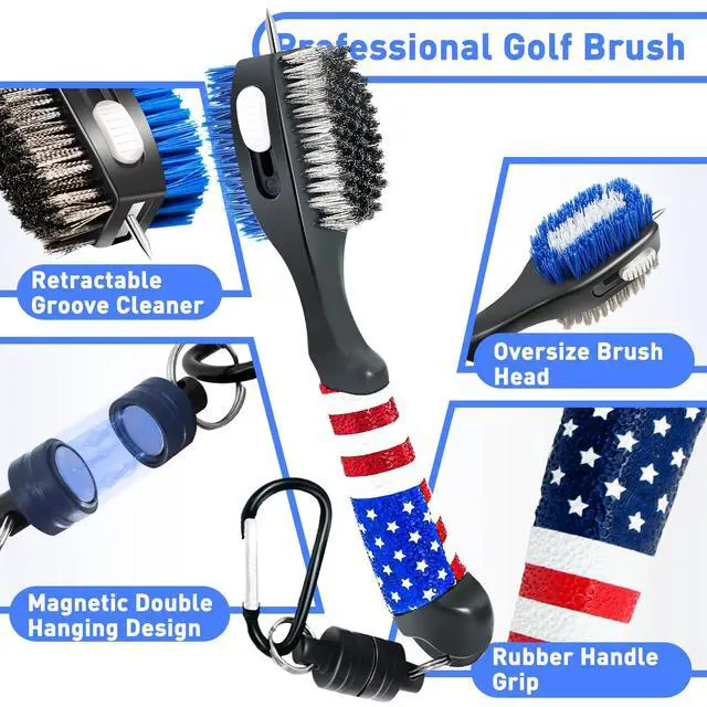 Alt view image 5 of 7 - Club Brush and Amercian Flag Golf Towels, Golf Groove Cleaner Cleaning kit, Golf Accessories Cleaner Tool with Strong Magnet Stick to Golf Clubs or Bag (3-in-1 Accessories)