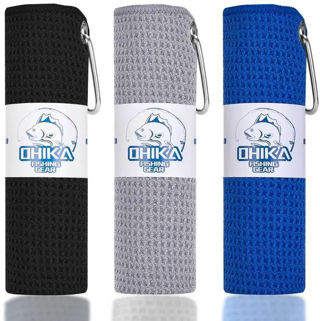 Main image of Microfiber Fishing Towels with Clip, Waffle Pattern for Effective Cleaning of Fishing Gears or Dirty Hands, 16 x 16, Camping Towels, Hiking Towels, Pack of 3 (Black/Grey/Blue)