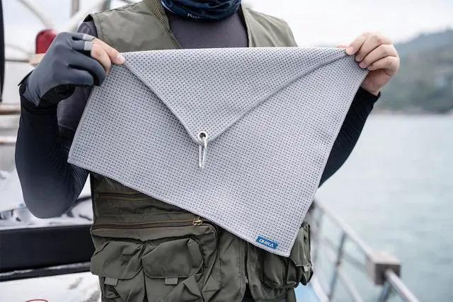 Alt view image 3 of 6 - Microfiber Fishing Towels with Clip, Waffle Pattern for Effective Cleaning of Fishing Gears or Dirty Hands, 16 x 16, Camping Towels, Hiking Towels, Pack of 3 (Black/Grey/Blue)