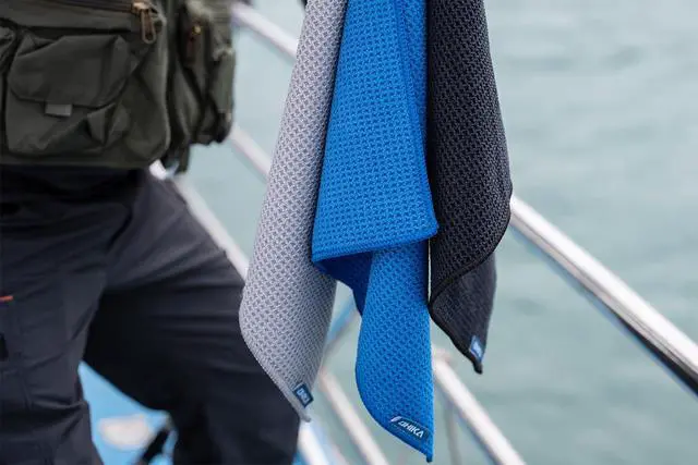 Alt view image 5 of 6 - Microfiber Fishing Towels with Clip, Waffle Pattern for Effective Cleaning of Fishing Gears or Dirty Hands, 16 x 16, Camping Towels, Hiking Towels, Pack of 3 (Black/Grey/Blue)