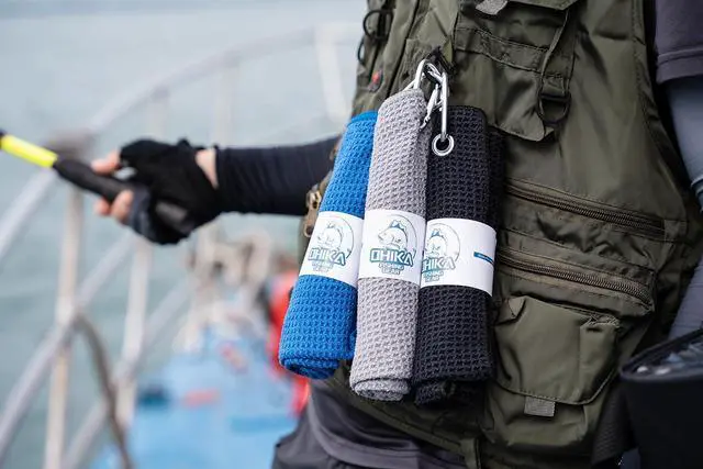 Alt view image 6 of 6 - Microfiber Fishing Towels with Clip, Waffle Pattern for Effective Cleaning of Fishing Gears or Dirty Hands, 16 x 16, Camping Towels, Hiking Towels, Pack of 3 (Black/Grey/Blue)