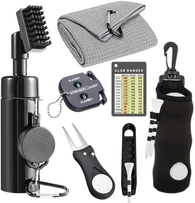 Main image of 7Pcs Golf Accessories Kit, Include Golf Club Cleaner Towel Ball Bag Divot Tool Score Counter Range Chart Card Tee Elevator