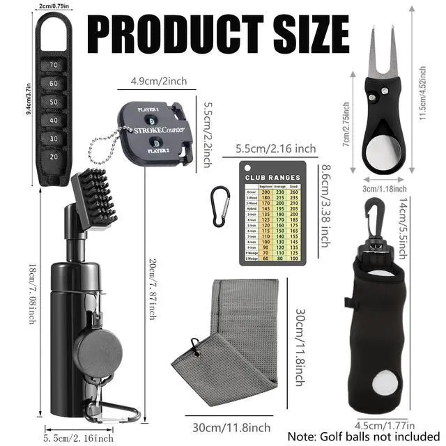 Alt view image 2 of 7 - 7Pcs Golf Accessories Kit, Include Golf Club Cleaner Towel Ball Bag Divot Tool Score Counter Range Chart Card Tee Elevator