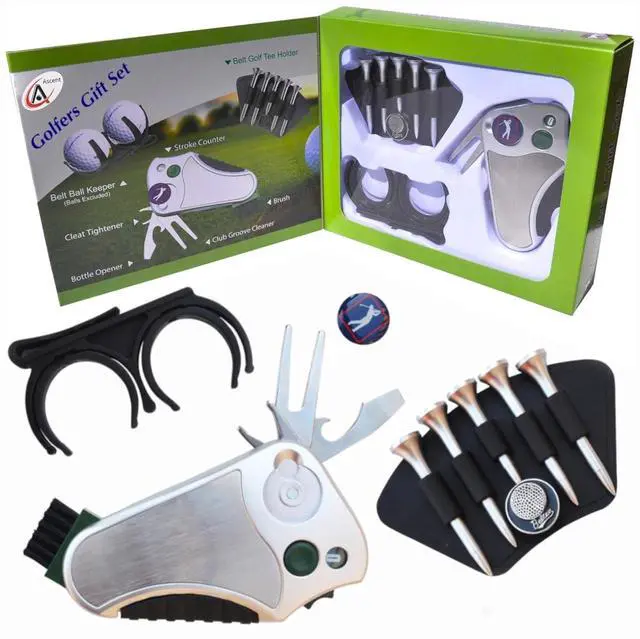 Main image of Golfer's Best Golf Gift Set: Tool - Stroke Counter, Divot Tool Repair, Brush, Ball Marker, Cleat Tightener, Club Groove Cleaner Belt Tee Holder Tees Belt Ball Holder - Gift Idea for Men Women