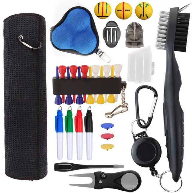 Main image of Golf Essentials Kit, 29 in 1 Golf Club Cleaning Kit - Golf Towel, Golf Club Brush, Gift Golf Balls, Golf Line Stencils and Pens, Golf Tee and Markers, Golf Divot Repair Tool - Golf Accessories for Men