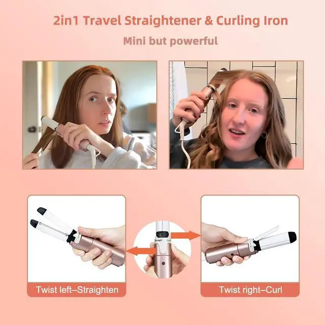 Alt view image 7 of 7 - Mini Dual Voltage Curling Iron & Straightener 2-in-1 for Travel - Portable Hair Curler Wand with Worldwide Voltage Compatibility,Compact Design for Women