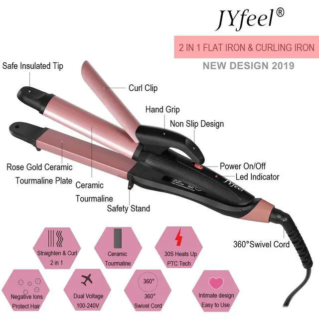 Alt view image 2 of 7 - 2 in 1 Travel Curling Flat Iron Dual Voltage Mini Hair Straightener and Curler (Rose Gold)