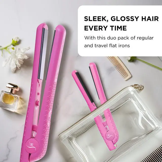 Alt view image 2 of 7 - Straightener Curling Iron Combo - Mini Flat Iron, Ceramic Hair Straightener and Curler Set - for All Hair Types - Dual Voltage - Travel Friendly - Pink