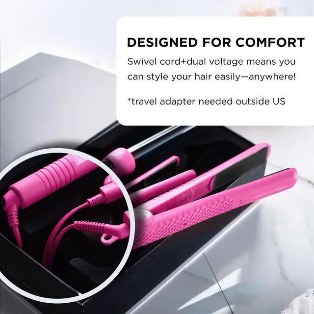 Alt view image 4 of 7 - Straightener Curling Iron Combo - Mini Flat Iron, Ceramic Hair Straightener and Curler Set - for All Hair Types - Dual Voltage - Travel Friendly - Pink
