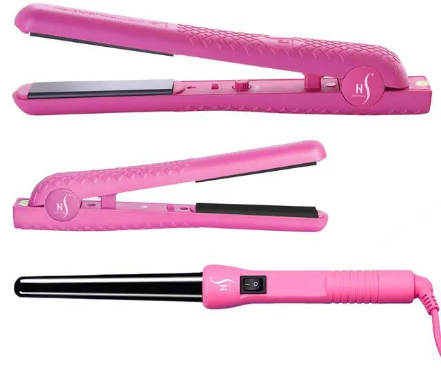 Main image of Straightener Curling Iron Combo - Mini Flat Iron, Ceramic Hair Straightener and Curler Set - for All Hair Types - Dual Voltage - Travel Friendly - Pink
