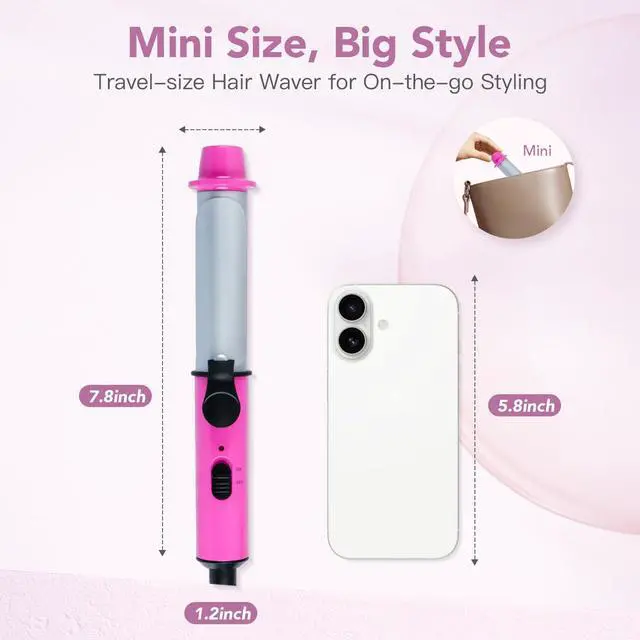 Alt view image 2 of 6 - Mini 1 Inch Ceramic Curling Iron Dual Voltage Travel Hair Curler, Compact & Lightweight for Short Hair and Bangs, Pink